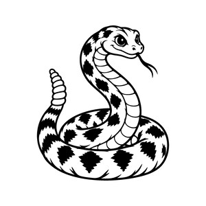 May include: A black and white line art illustration of a coiled rattlesnake. The snake features a segmented rattle on its tail, a patterned body with diamond-shaped markings, a smooth underbelly, and a forked tongue extending from its mouth.