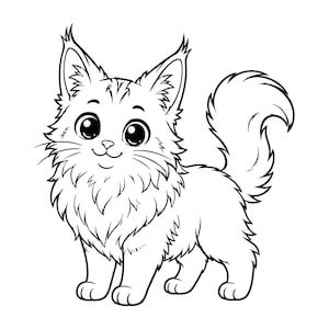 May include: A black and white line art illustration of a fluffy kitten with large, expressive eyes, pointed ears with tufts, and a bushy, curved tail. The drawing features clean, bold outlines and minimal shading, depicting a standing feline.