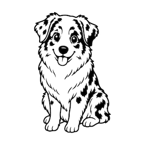 Pode incluir: Uma ilustração em preto e branco de estilo linear de um cão pastor australiano sentado. O cão tem uma pelagem manchada, orelhas caídas e uma expressão alegre com a língua de fora. O design apresenta contornos definidos e claros.