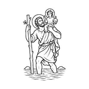 Puede incluir: Una ilustración de arte lineal en blanco y negro de San Cristóbal cargando al Niño Jesús sobre sus hombros. La figura sostiene un bastón de madera alto mientras camina por el agua, con ambas figuras representadas con halos circulares.
