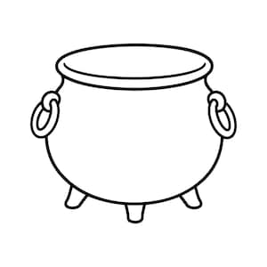 May include: A black and white line art illustration of a round cauldron. The vessel features a wide open top, a rounded body, three short legs at the base, and two circular ring handles attached to the sides. The design uses bold outlines.