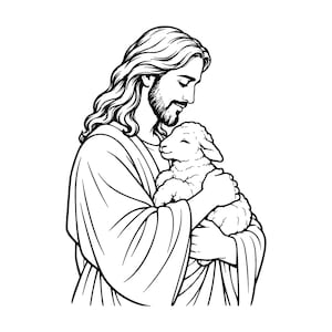 May include: A black and white line art illustration depicting a figure with long wavy hair and a beard, wearing a robe, gently holding a small lamb in their arms. The figure is shown in profile, looking down at the lamb with a calm expression.