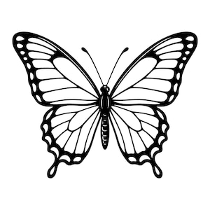 May include: A black and white graphic illustration of a butterfly with symmetrical wings. The design features bold outlines and intricate vein patterns throughout the wings, with two thin antennae extending from the central body segment.