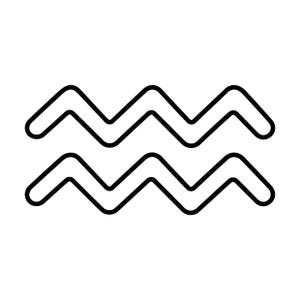 May include: A black and white graphic icon featuring two parallel horizontal lines with a zigzag or wave pattern. The lines are uniform in thickness with rounded ends, creating a simple, clean, and symmetrical representation of flowing water.