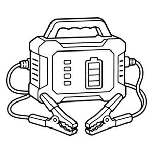 May include: A black and white line art illustration of a portable jump starter power pack. The device features a top handle, a battery level indicator with four bars, and two thick cables extending from the sides, each ending in a metal clamp.