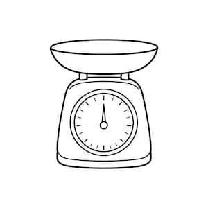 Op de afbeelding: Een zwart-witte lijntekening van een keukenweegschaal. De weegschaal heeft een brede, ondiepe kom op een afgeronde basis met een ronde wijzerplaat in het midden. Een enkele naald wijst recht omhoog op de wijzerplaat met kleine streepjes.