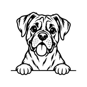 May include: A black and white line art illustration of a dog with floppy ears, large eyes, and a tongue hanging out. The dog is depicted from the chest up, resting its front paws on a horizontal line, creating a peeking effect with high contrast.