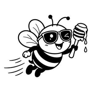 Könnte beinhalten: Eine schwarz-weiße Strichzeichnung einer Cartoon-Biene mit Sonnenbrille. Die Biene fliegt mit Bewegungslinien im Hintergrund, zwinkert und hält einen Honiglöffel, von dem Honig herabtropft. Das Design zeigt kräftige Umrisse und schwarze Streifen.