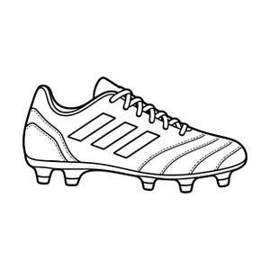 Può includere: Un'illustrazione in bianco e nero a tratto di una scarpa da calcio. La scarpa presenta una chiusura con lacci, un pannello laterale con tre strisce diagonali, un tallone rinforzato e una suola dotata di tacchetti modellati.
