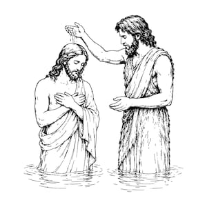 Könnte beinhalten: Eine schwarz-weiße Strichzeichnung, die eine Taufszene darstellt. Eine langhaarige, bärtige Figur steht im Wasser mit vor der Brust gekreuzten Händen, während eine andere Figur Wasser über den Kopf der ersten Figur gießt.