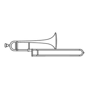 Puede incluir: Un dibujo lineal en blanco y negro de un trombón. La ilustración muestra la vara larga, la campana y la boquilla en un estilo de contorno simple y limpio, presentado sobre un fondo blanco liso para mayor claridad visual.