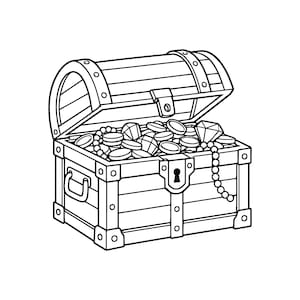 May include: A black and white line art illustration of an open wooden treasure chest. The chest is filled with various round coins, faceted gemstones, and a long string of pearls that drapes over the front edge of the container.