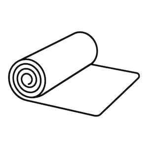Peut inclure: Une illustration en noir et blanc au trait représentant un rouleau de matériau partiellement déroulé. Le dessin présente un motif en spirale sur le côté circulaire du rouleau, avec une section plate et rectangulaire s'étendant vers l'extérieur.