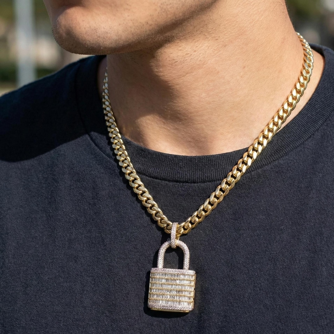 Rapper Locks 14K Solid Gold Lock Pendant, 1.30 TCW Baguette Moissanite, Iced Out Hip ...