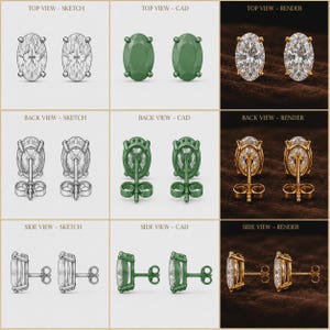 May include: A grid of nine images displaying oval-cut stud earrings from top, back, and side perspectives. The views include black and white sketches, green CAD models, and gold-toned renders with clear stones, showing the post and butterfly back.