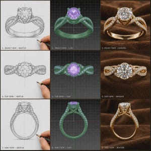 May include: A nine-part grid displaying a ring design process. Columns show a pencil sketch, a green CAD model with a purple center stone, and a gold render with a clear center stone. Rows show front, top, and side views labeled 1 through 9.