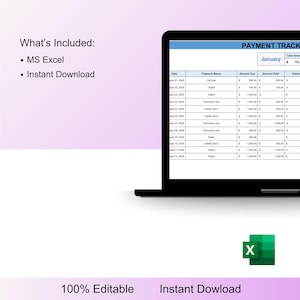 Op de afbeelding: Een laptop toont een betalingstracking spreadsheet in MS Excel. Het scherm toont een tabel met kolommen voor datum, betalingsnaam, verschuldigd bedrag, betaald bedrag en saldo. De tekst onderaan luidt "100% bewerkbaar" en "Direct downloaden."
