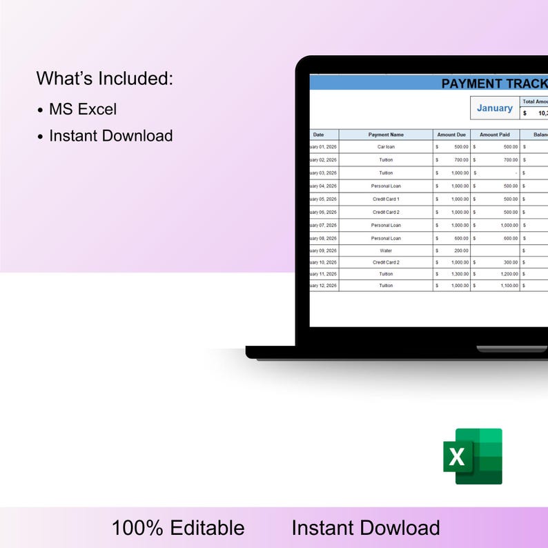 Op de afbeelding: Een laptop toont een betalingstracking spreadsheet in MS Excel. Het scherm toont een tabel met kolommen voor datum, betalingsnaam, verschuldigd bedrag, betaald bedrag en saldo. De tekst onderaan luidt "100% bewerkbaar" en "Direct downloaden."