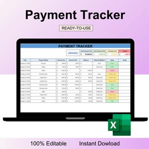 Puede incluir: Una computadora portátil muestra una hoja de cálculo "Payment Tracker" con datos financieros de enero. La pantalla muestra columnas para el nombre del pago, el importe adeudado, el importe pagado y el saldo. Las palabras "Ready-to-Use", "100% Editable" e "Instant Download" también son visibles.