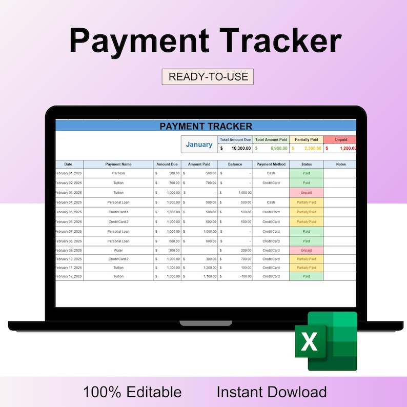 Op de afbeelding: Een laptop toont een "Payment Tracker" spreadsheet met financi&euml;le gegevens voor januari. Het scherm toont kolommen voor betalingsnaam, verschuldigd bedrag, betaald bedrag en saldo. De woorden "Ready-to-Use", "100% Editable" en "Instant Download" zijn ook zichtbaar.