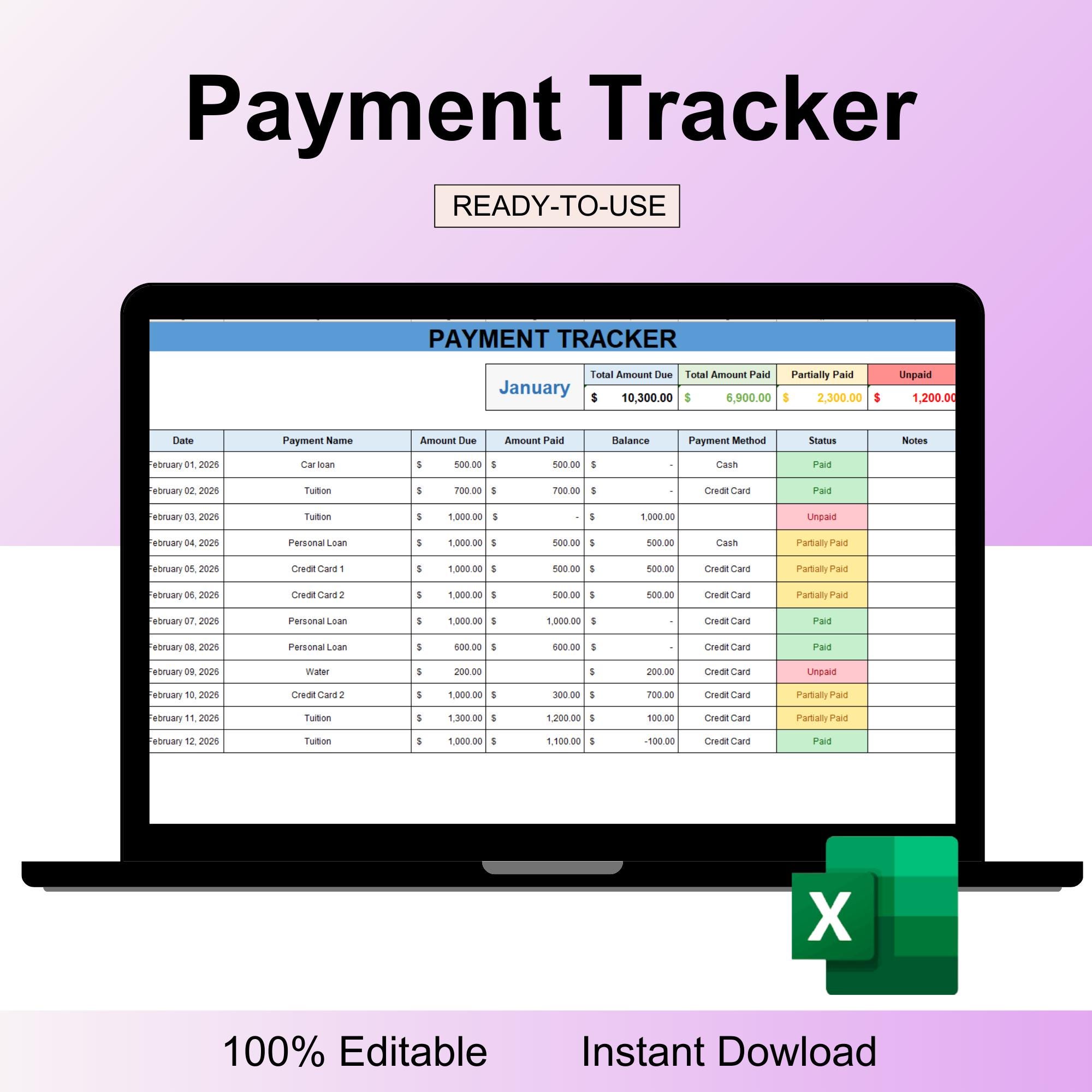 支払い追跡スプレッドシート Excel、支払い追跡、支払いスプレッドシート、クライアント支払い追跡、月次支払い追跡 Excel