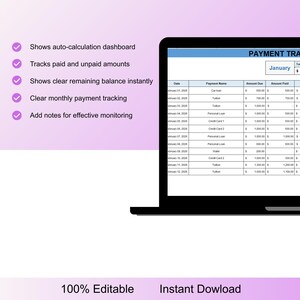 Op de afbeelding: Een laptopscherm toont een spreadsheet voor betalingsregistratie met kolommen voor datum, betalingsnaam, verschuldigd bedrag en betaald bedrag. De tekst op het scherm bevat "Januari". De afbeelding bevat ook de tekst "100% Editable" en "Instant Download".