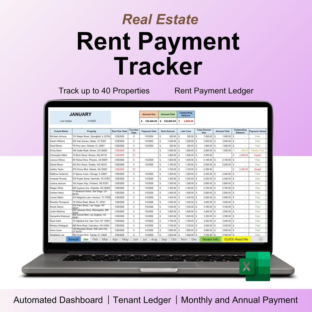 Home Rent Pay Rental Property Tracker, Rent Payment Ledger, Landlord Spreadsheet ...