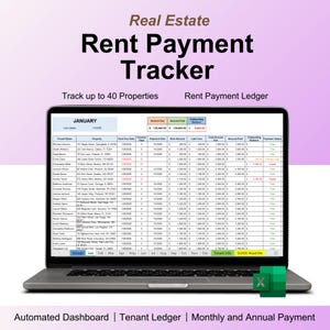 Può includere: Un laptop che mostra un tracker dei pagamenti dell'affitto. Lo schermo mostra un foglio di calcolo con colonne per le date di scadenza, gli importi e lo stato dei pagamenti. Il testo in alto recita "Real Estate Rent Payment Tracker".