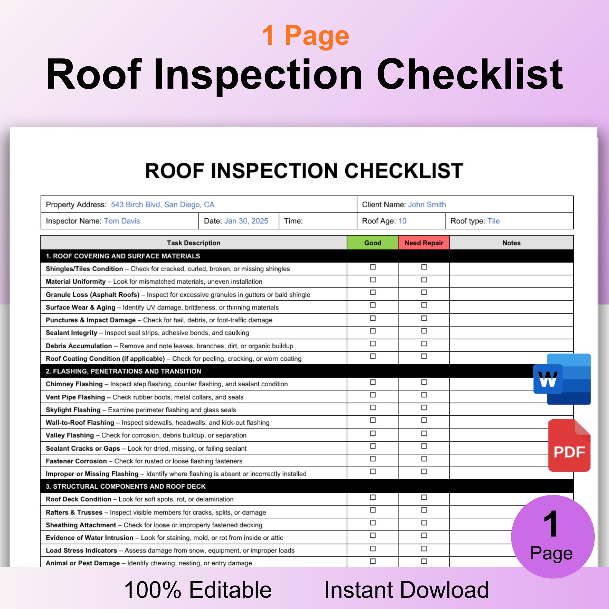 Roof Inspection Checklist, Roofing Inspection Form Commercial ...