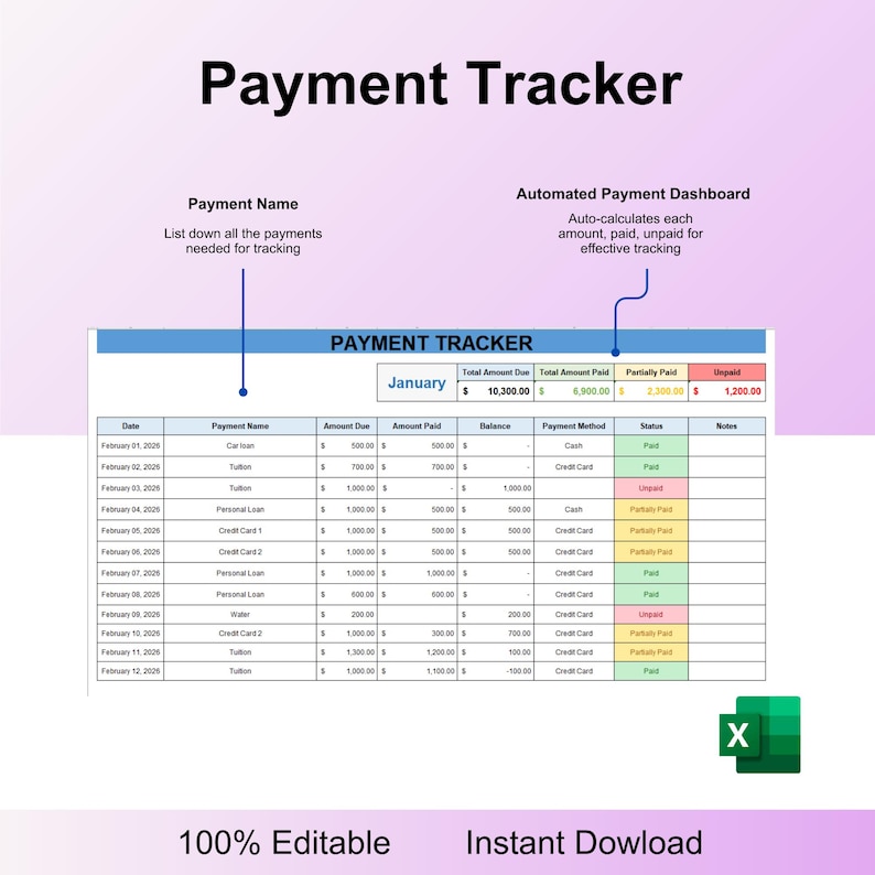 Op de afbeelding: Een digitale betalingstracker sjabloon met de titel "Payment Tracker". De spreadsheet bevat kolommen voor datum, betalingsnaam, verschuldigd bedrag, betaald bedrag, saldo, betaalmethode, status en notities. De tekst onderaan luidt "100% bewerkbaar" en "Direct downloaden."