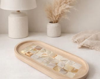 Bandeja de mosaico de nácar hecha a mano – Plato ovalado decorativo para joyas y decoración del hogar