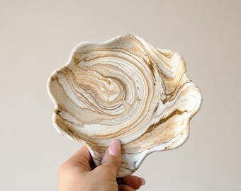 Handgemaakte jesmoniet-snuisterijschaal | Neutraal gemarmerd geschulpt opvangbakje | Sieradenschaaltje | Ringhouder | Minimalistisch cadeau voor woondecoratie