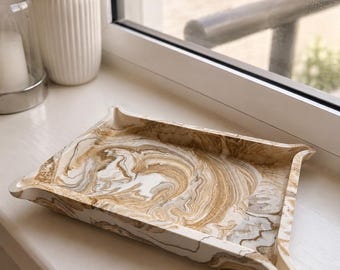 Gezellige, neutrale decoratieve schaal | Sieradenschaal voor het seizoen | Handgemaakte Jesmonite opbergbak | Schaal voor sieraden en woondecoratie | Marmeren kusseneffect