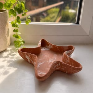 May include: A star-shaped tray featuring a marbled pattern of terracotta orange and white. The dish has five distinct points and raised edges, with a smooth interior surface and a textured exterior finish, crafted from a solid composite material.