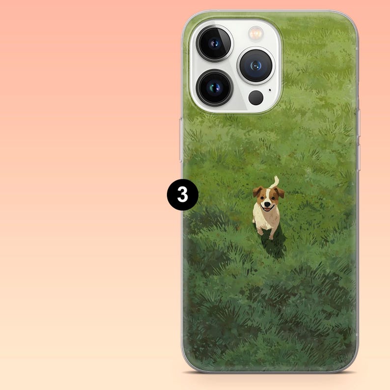 May include: A clear phone case featuring a watercolor illustration of a small dog in a grassy field. The dog is brown and white, with a happy expression. The background is green with a light peach gradient.