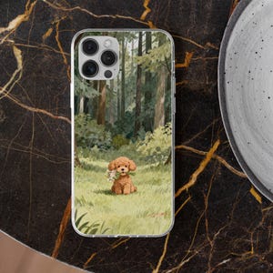 May include: Clear phone case featuring a watercolor illustration of a brown poodle sitting in a forest, holding a bouquet of flowers. The background shows a lush green forest scene with tall trees.