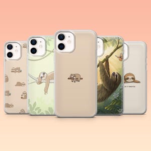 May include: A collection of five phone cases with sloth designs. The cases feature various illustrations of sloths in different poses, including hanging from branches and resting. The cases have a clear, protective design, showcasing the sloth artwork.