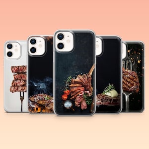 May include: Clear phone cases showcasing images of cooked steak. The cases feature various presentations of the meat, including a tomahawk steak, sliced cuts, and a steak on a fork. The backgrounds are dark, highlighting the food.