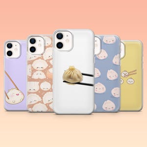 May include: A collection of phone cases with dumpling-themed designs. The cases feature various colors and patterns, including a dumpling held by chopsticks, and smiling dumpling illustrations. The cases are designed to fit a smartphone.