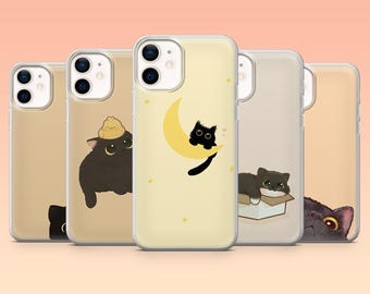 Black Cat Phone Case Kitty Cute Animal Cover for iPhone 17Pro, 16, 15, 14, 13, Samsung S25, S24, S23Fe, S22, A16, A26, A56, Pixel 10, 9Pro