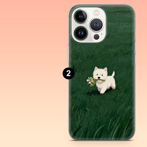 May include: A phone case featuring a white West Highland Terrier dog carrying a bouquet of flowers. The dog is set against a backdrop of green grass. The case has a clear border and a glossy finish.