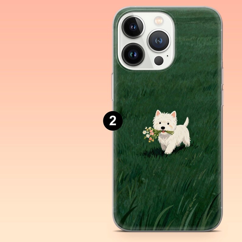 May include: A phone case featuring a white West Highland Terrier dog carrying a bouquet of flowers. The dog is set against a backdrop of green grass. The case has a clear border and a glossy finish.