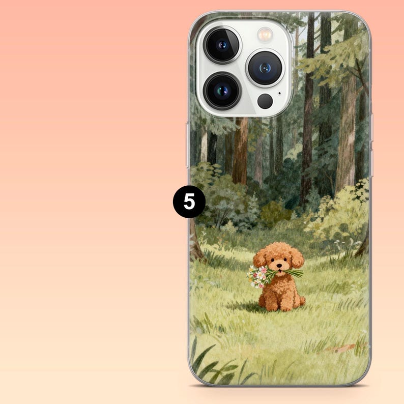 May include: A clear phone case featuring a watercolor illustration of a brown poodle sitting in a grassy field, holding a bouquet of flowers. The background shows a forest scene with tall trees.
