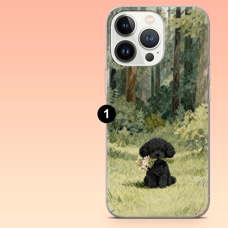 May include: A clear phone case featuring a forest scene with a black poodle holding flowers. The case has a soft, pastel background. The phone's camera lenses are visible at the top.