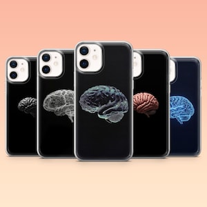 以下が含まれることがあります： 脳のイラストが描かれた携帯電話ケースのコレクション。各ケースには、3Dモデル、ワイヤーフレーム、青色の光るアウトラインなど、さまざまな脳の表現が黒い背景に描かれています。