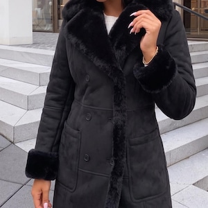 Black Suede leather ladies coat faux fur trim penny lane afghan jacket vintage boho winter trench shearling outerwear