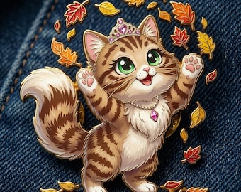 Autumn Princess Cat Clipart, Tabby Kitten Crown Leaves PNG (Digital Download)