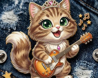 Princess Cat Playing Guitar PNG | Kawaii Rockstar Kitten Clipart (Digital Download)