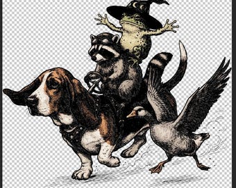 Whimsical Animals PNG Clipart Bundle | Raccoon Dog Frog Goose Witch Hat | Retro Vintage Illustration | Sublimation Design Digital Download