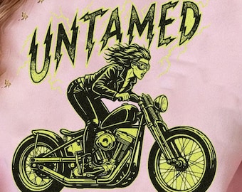 Untamed Biker Girl PNG, Motorcycle Woman Sublimation, Rebellious Female Rider Clipart, Lightning Bolt Design, Retro Empowerment Shirt Art